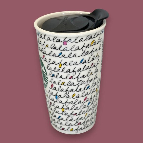 Starbuck's Holiday 2011 FaLaLa 12 oz Ceramic Travel Tumbler w/ Original Lid - Picture 3 of 5